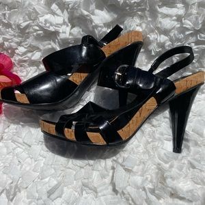 BCBG Paris Black Leather Sandals/Heels w/Cork 8.5